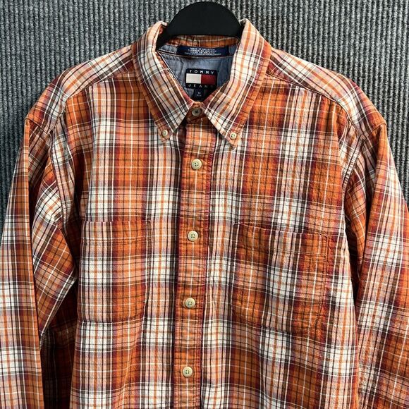 VTG TOMMY Jeans HILFIGER Shirt Mens Medium Orange Plaid Quilted Lined LS Button - Picture 3 of 16
